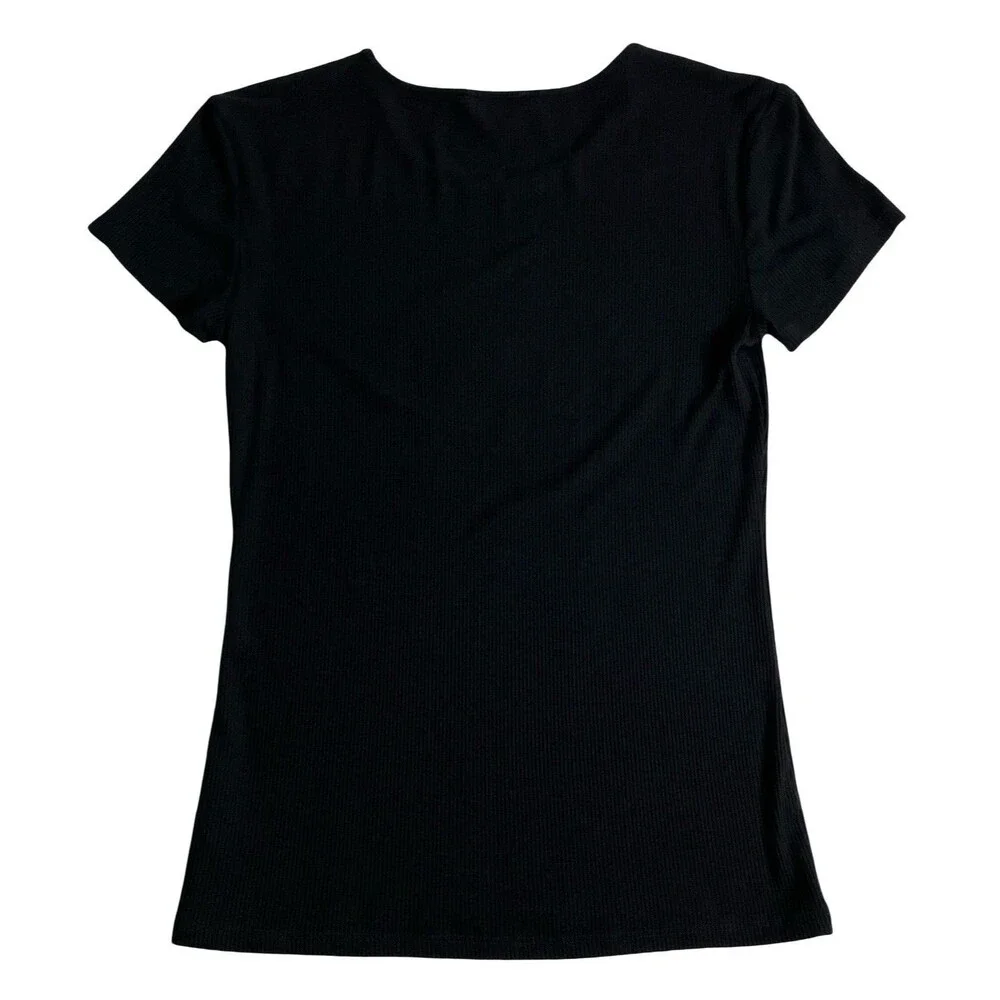 Bebe Top Womens M Black McBling Rhinestone Y2K Logo Stretch Ribbed Short Sleeve - Picture 4 of 10